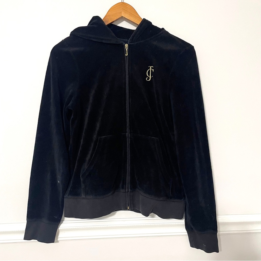 VTG Juicy Couture • classic black embroidered velour hooded track jacket sz L